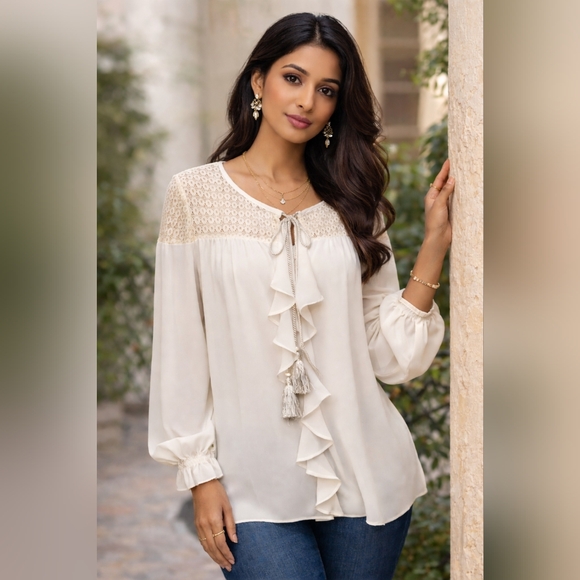 NY Collection Tops - Boho Ivory Lace Yoke Peasant Blouse Tassel Tie Long Sleeve Size L Romantic Flowy